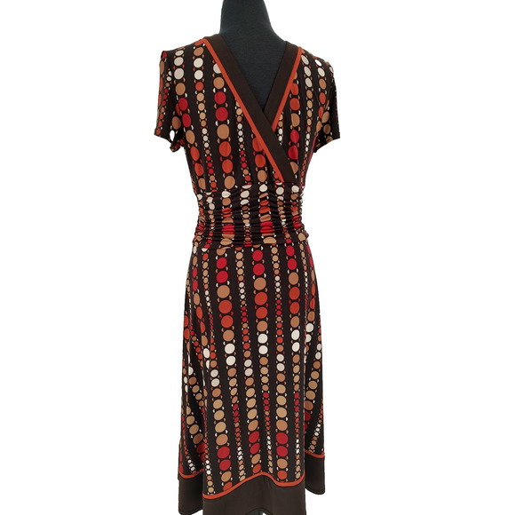 Sandra Darren Woman's Brown Dots Fit & Flare Dress Size 10 Cinched Waist V Neck - Picture 2 of 9